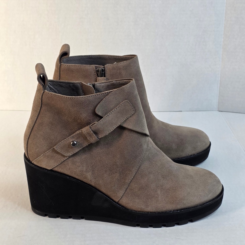 Eileen Fisher Tinker‎ Suede Wedge Ankle Boots Women 10 Taupe Buckle Booties
